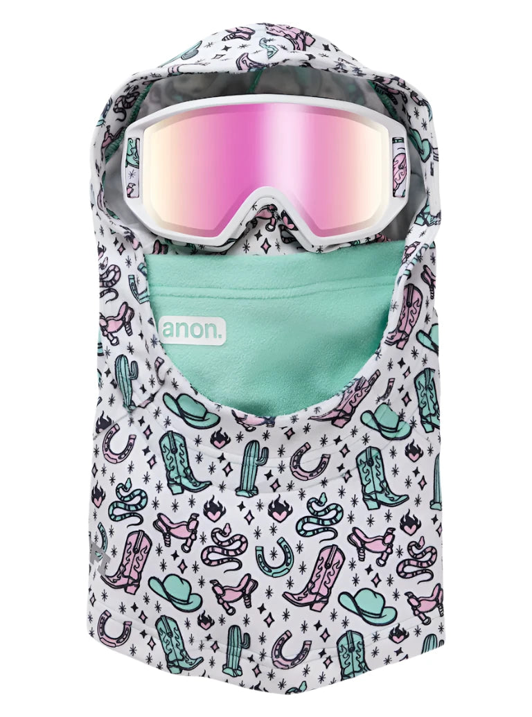 Anon Junior's MFI Helmet Hood - A white hood with a repeating pattern of pink and teal cowboy boots, cacti, horseshoes, and stars.