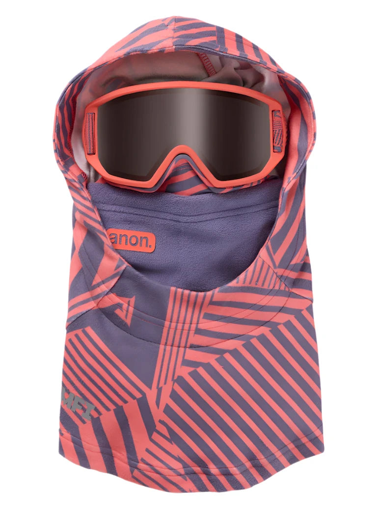 Anon Junior's MFI Helmet Hood 2025 - A pink and gray helmet hood with a geometric pattern of lines, featuring a large black lens on top.