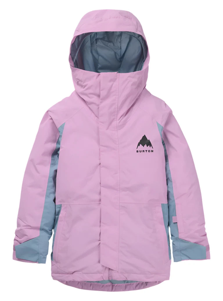Burton Junior's Skimmer 2L Insulated Jacket 2025 - A light blue and white snowboard jacket with a hood, featuring a zipper closure and two front pockets.
