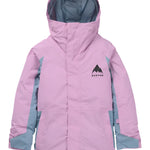 Burton Junior's Skimmer 2L Insulated Jacket 2025 - A light blue and white snowboard jacket with a hood, featuring a zipper closure and two front pockets.
