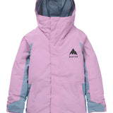 Burton Junior's Skimmer 2L Insulated Jacket 2025 - A light blue and white snowboard jacket with a hood, featuring a zipper closure and two front pockets.