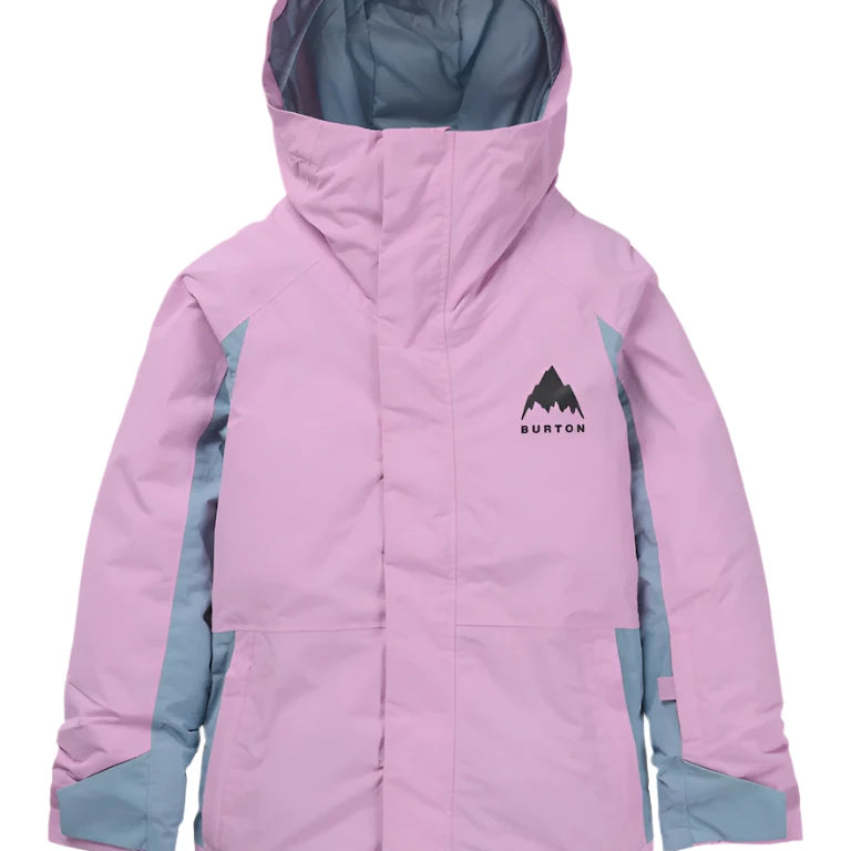 Burton Junior's Skimmer 2L Insulated Jacket 2025 - A light blue and white snowboard jacket with a hood, featuring a zipper closure and two front pockets.