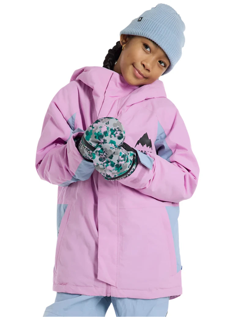 Burton Junior's Skimmer 2L Insulated Jacket 2025 - A pink and grey insulated jacket with a hood, featuring a mountain graphic on the chest.