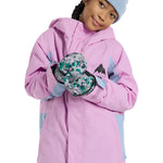 Burton Junior's Skimmer 2L Insulated Jacket 2025 - A pink and grey insulated jacket with a hood, featuring a mountain graphic on the chest.