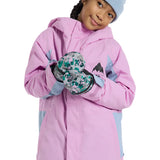 Burton Junior's Skimmer 2L Insulated Jacket 2025 - A pink and grey insulated jacket with a hood, featuring a mountain graphic on the chest.