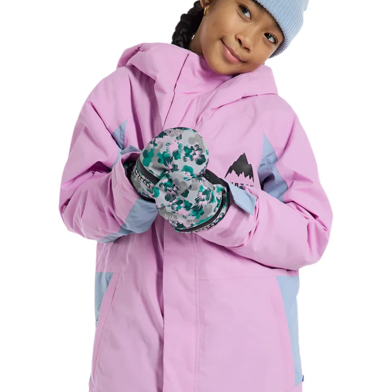 Burton Junior's Skimmer 2L Insulated Jacket 2025 - A pink and grey insulated jacket with a hood, featuring a mountain graphic on the chest.
