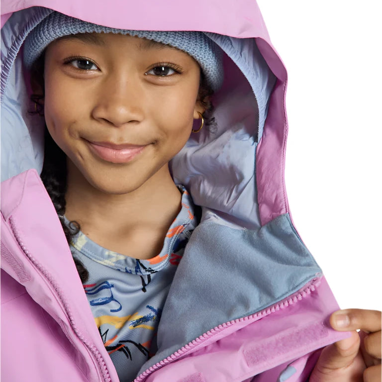 Burton Junior's Skimmer 2L Insulated Jacket 2025 - A light blue jacket with a hood, featuring a zipper and two pockets on the front.