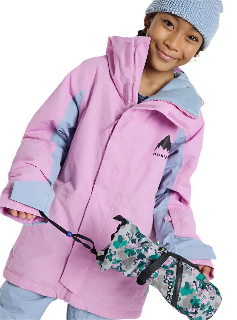Burton Junior's Skimmer 2L Insulated Jacket 2025 - A pink and light blue jacket with a hood, featuring a black logo on the chest.