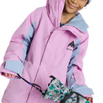 Burton Junior's Skimmer 2L Insulated Jacket 2025 - A pink and light blue jacket with a hood, featuring a black logo on the chest.