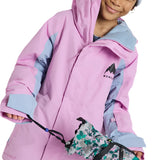 Burton Junior's Skimmer 2L Insulated Jacket 2025 - A pink and light blue jacket with a hood, featuring a black logo on the chest.
