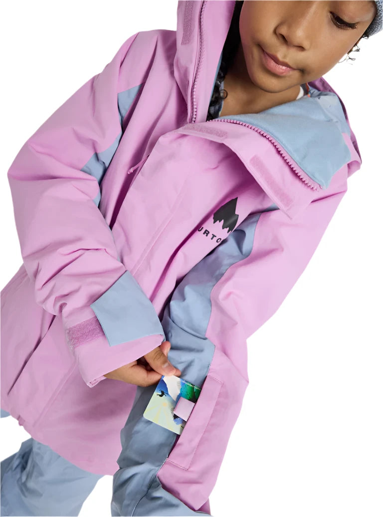 Burton Junior's Skimmer 2L Insulated Jacket 2025 - A pink and grey insulated jacket with a hood, featuring a zipper closure.