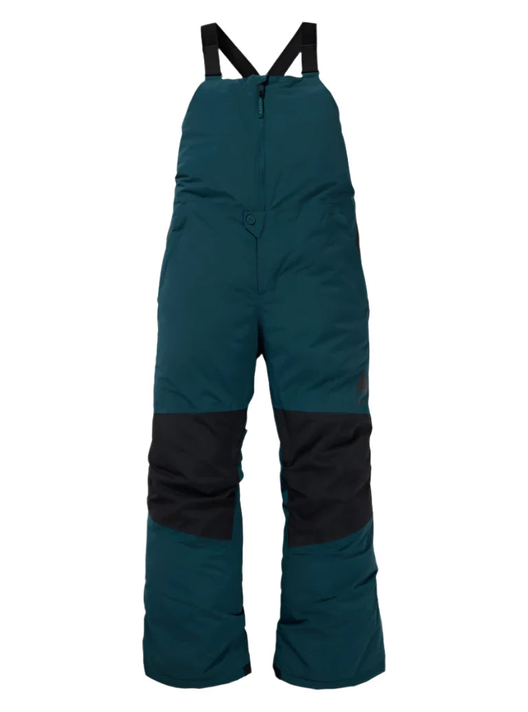 Burton Junior's Skylar 2L Bib Pant 2025 - A pair of dark green snow pants with black accents and adjustable straps at the waist.