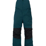 Burton Junior's Skylar 2L Bib Pant 2025 - A pair of dark green snow pants with black accents and adjustable straps at the waist.