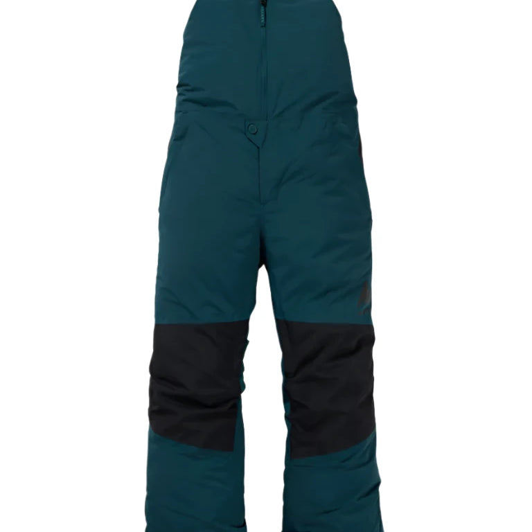 Burton Junior's Skylar 2L Bib Pant 2025 - A pair of dark green snow pants with black accents and adjustable straps at the waist.