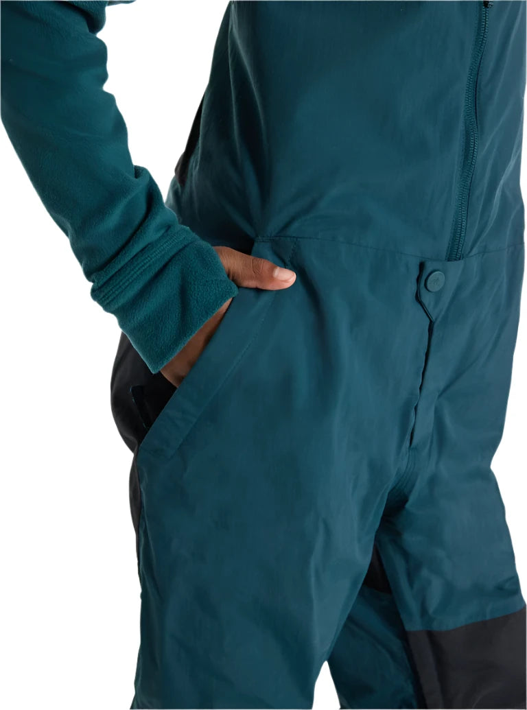 Burton Junior's Skylar 2L Bib Pant 2025 - A pair of dark blue snow pants with a zippered fly and adjustable Velcro straps on the sides.