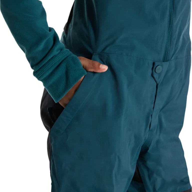 Burton Junior's Skylar 2L Bib Pant 2025 - A pair of dark blue snow pants with a zippered fly and adjustable Velcro straps on the sides.