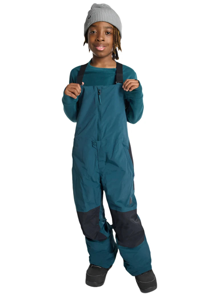 Burton Junior's Skylar 2L Bib Pant 2025 - A pair of dark blue snow pants with a black zipper and adjustable straps.