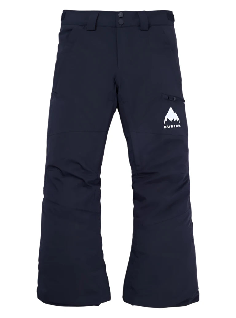 Burton Junior's Skylar 2L Pant 2025 - A pair of black snow pants with a white logo on the left thigh featuring a mountain peak and the word "BURTON" in small letters below it.