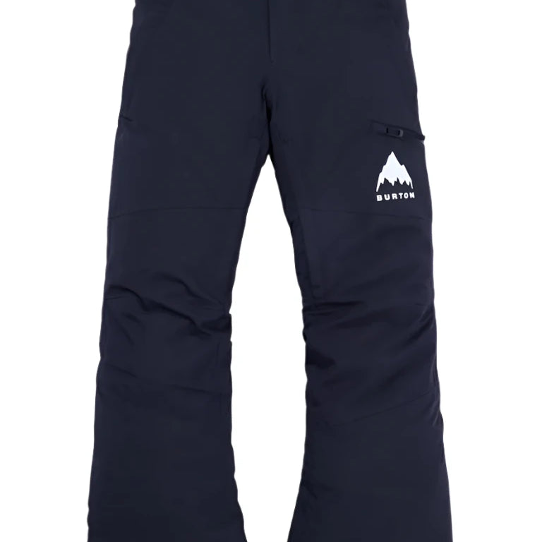 Burton Junior's Skylar 2L Pant 2025 - A pair of black snow pants with a white logo on the left thigh featuring a mountain peak and the word "BURTON" in small letters below it.