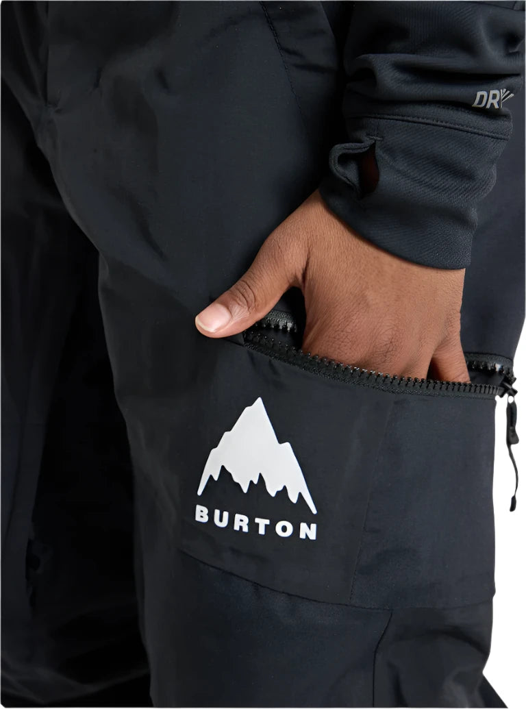 Burton Junior's Skylar 2L Pant 2025 - Black snow pants with a white logo on the left leg featuring a mountain graphic and the word "BURTON" in bold letters.