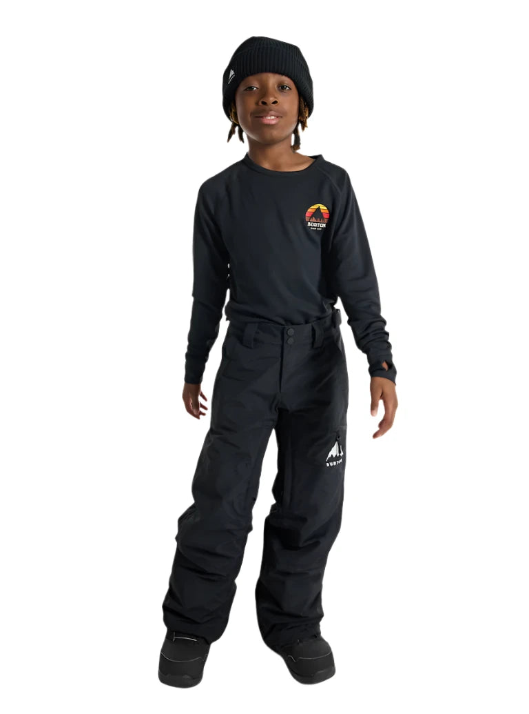 Burton Junior's Skylar 2L Pant 2025 - Black snow pants with a white logo on the left leg and a small pocket on the right thigh.