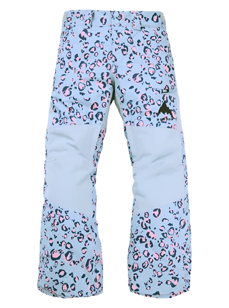Burton Junior's Skylar 2L Pant 2025 - Light blue snow pants with a leopard print pattern in pink and black.