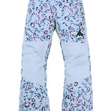Burton Junior's Skylar 2L Pant 2025 - Light blue snow pants with a leopard print pattern in pink and black.