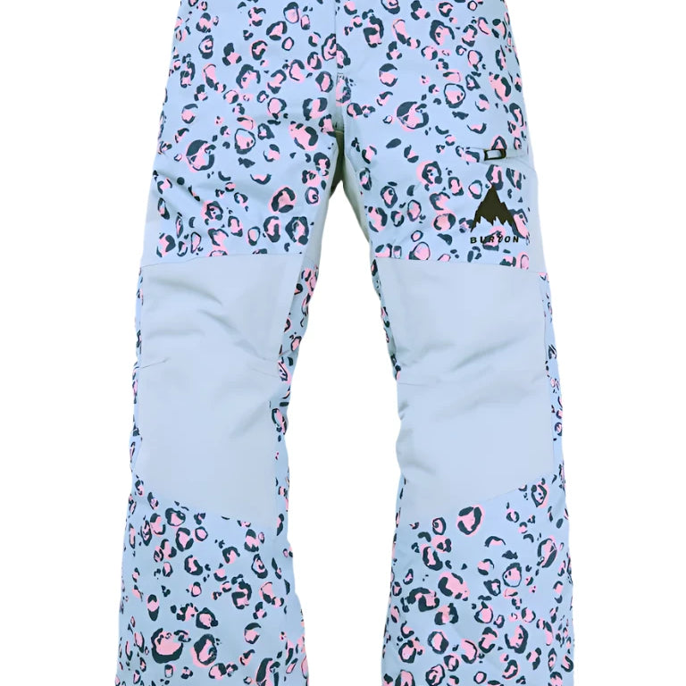 Burton Junior's Skylar 2L Pant 2025 - Light blue snow pants with a leopard print pattern in pink and black.