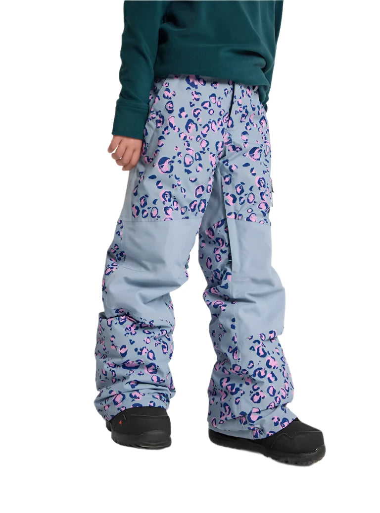 Burton Junior's Skylar 2L Pant 2025 - A pair of light blue snow pants with a pink and navy leopard print pattern.