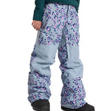 Burton Junior's Skylar 2L Pant 2025 - A pair of light blue snow pants with a pink and navy leopard print pattern.