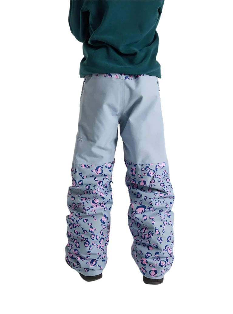 Burton Junior's Skylar 2L Pant 2025 - A pair of light gray snow pants with a pink and navy leopard print on the lower legs.