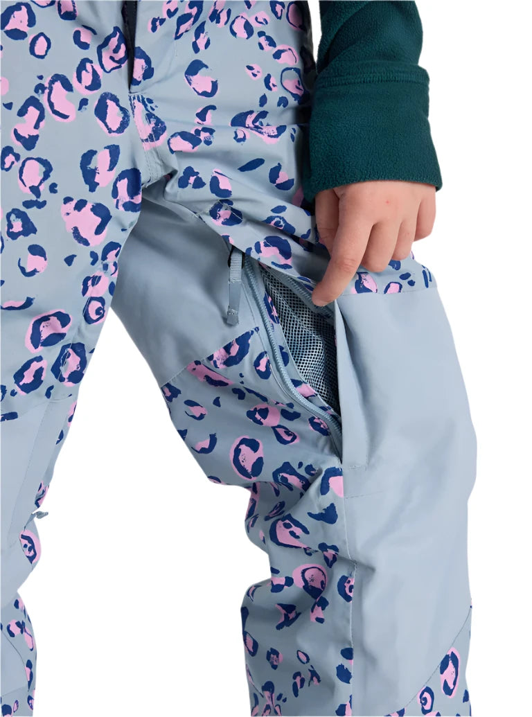 Burton Junior's Skylar 2L Pant 2025 - A pair of gray snow pants with a pink leopard print design.