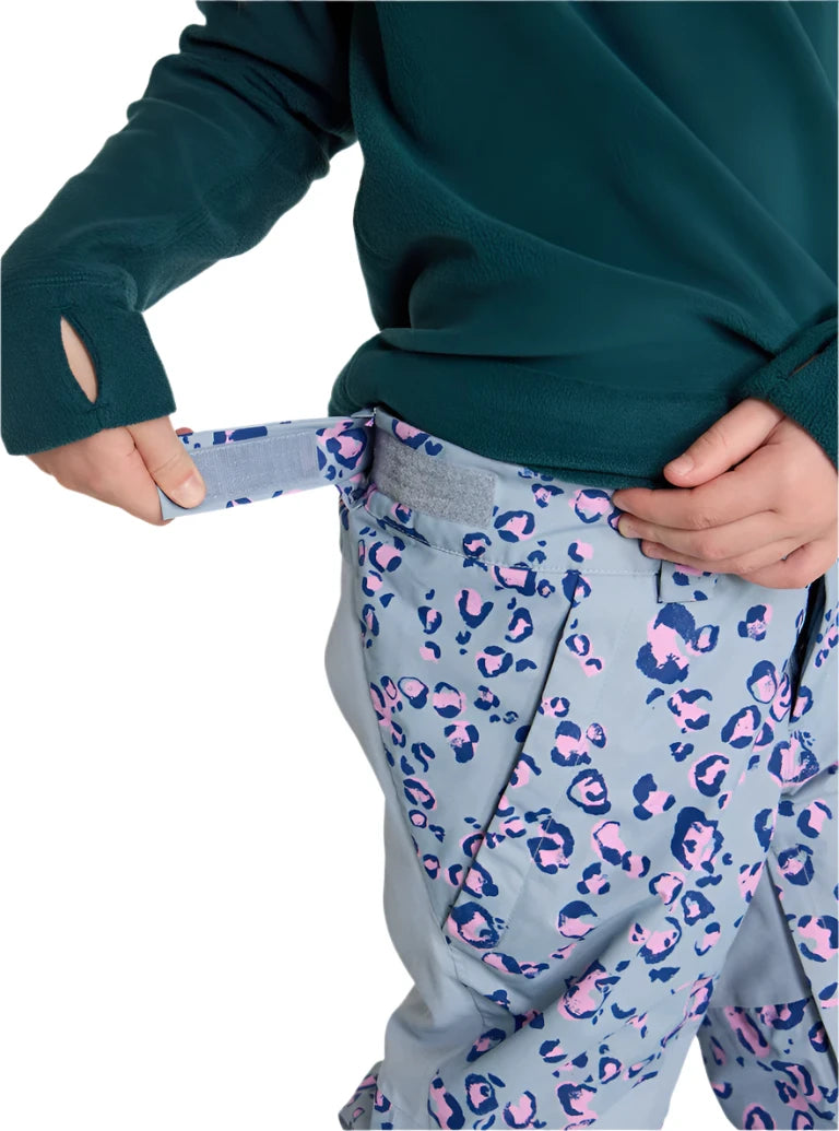 Burton Junior's Skylar 2L Pant 2025 - A pair of gray snow pants with a pink leopard print pattern.