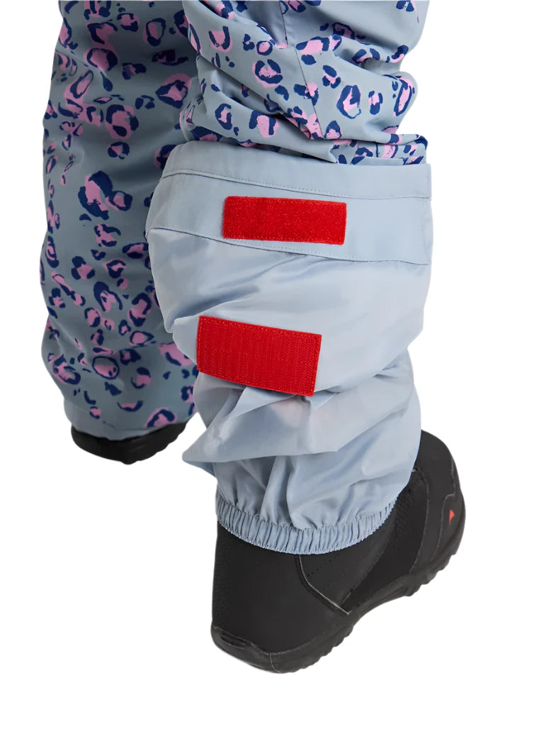 Burton Junior's Skylar 2L Pant 2025 - A pair of light blue snow pants with a pink leopard print pattern on the left leg.