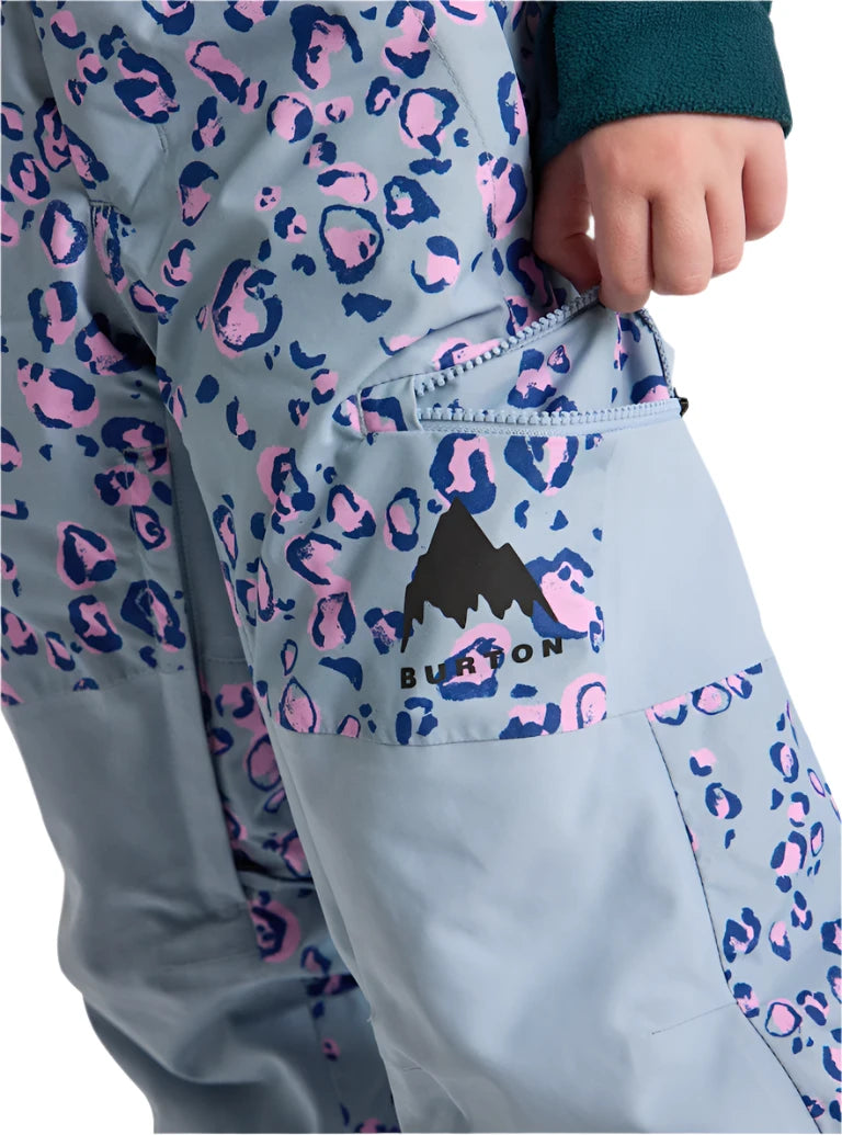 Burton Junior's Skylar 2L Pant 2025 - A pair of light blue snow pants with a pink leopard print pattern and navy spots.