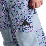 Burton Junior's Skylar 2L Pant 2025 - A pair of light blue snow pants with a pink leopard print pattern and navy spots.