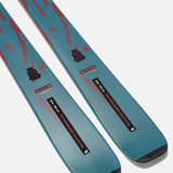 Pair of teal and red graphic skis with black tips and bindings