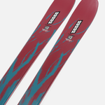 Red and teal graphic ski tops with K2 logo and black bindings