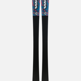 Pair of skis showing black bases with teal and pink tops