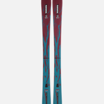 Vertical view of red and teal skis with black bindings and bases