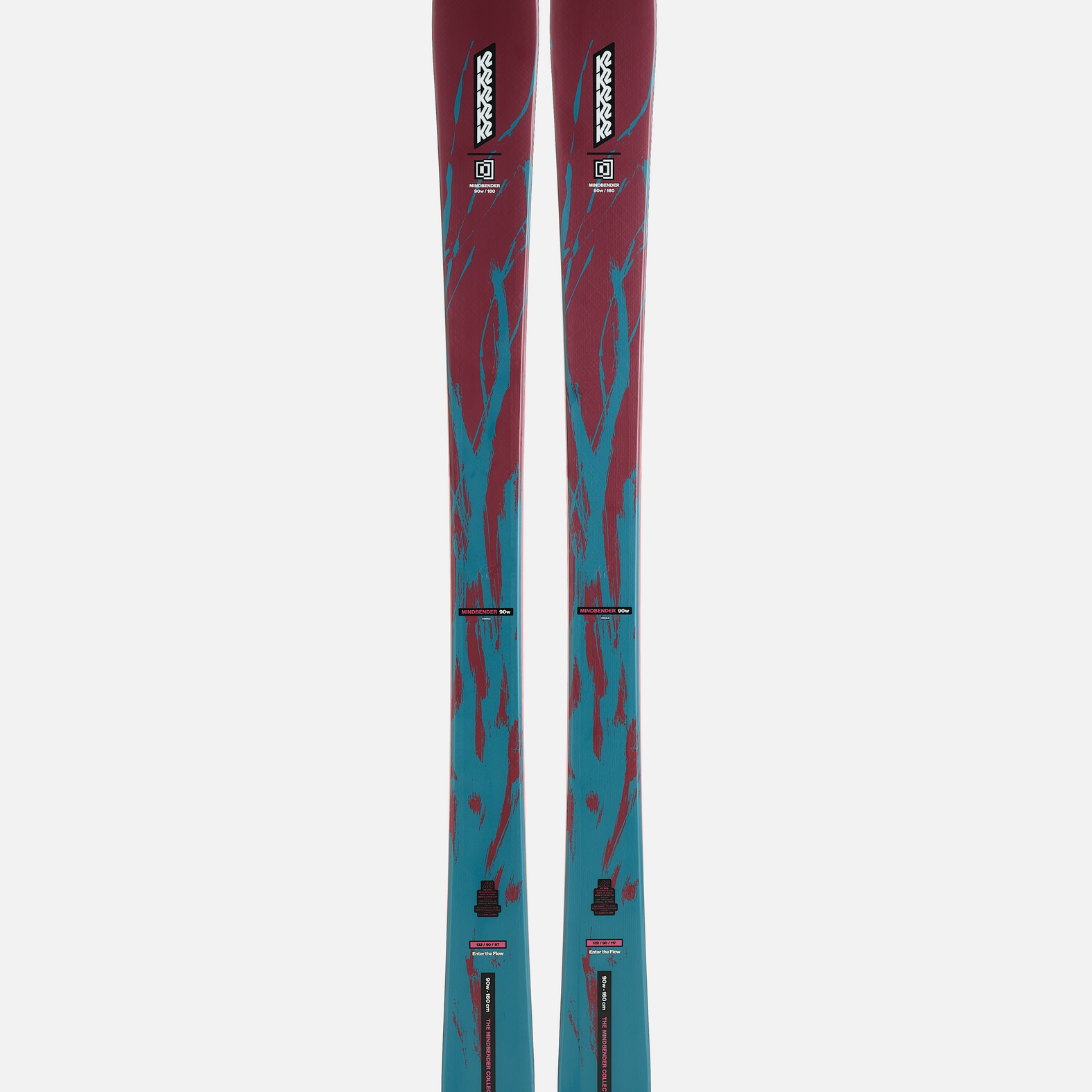 Vertical view of red and teal skis with black bindings and bases