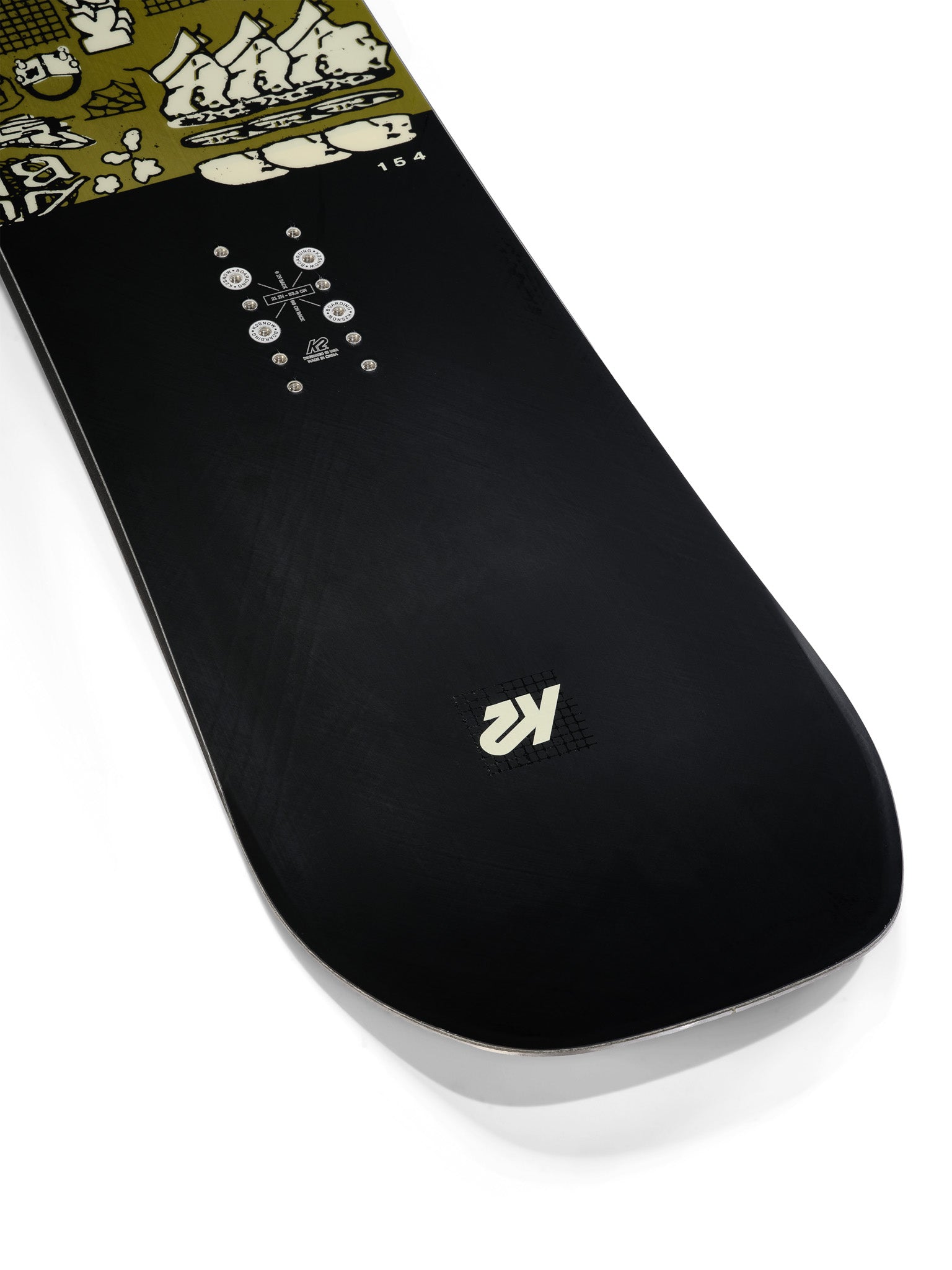 K2 Afterblack snowboard features a black base with subtle graphics.