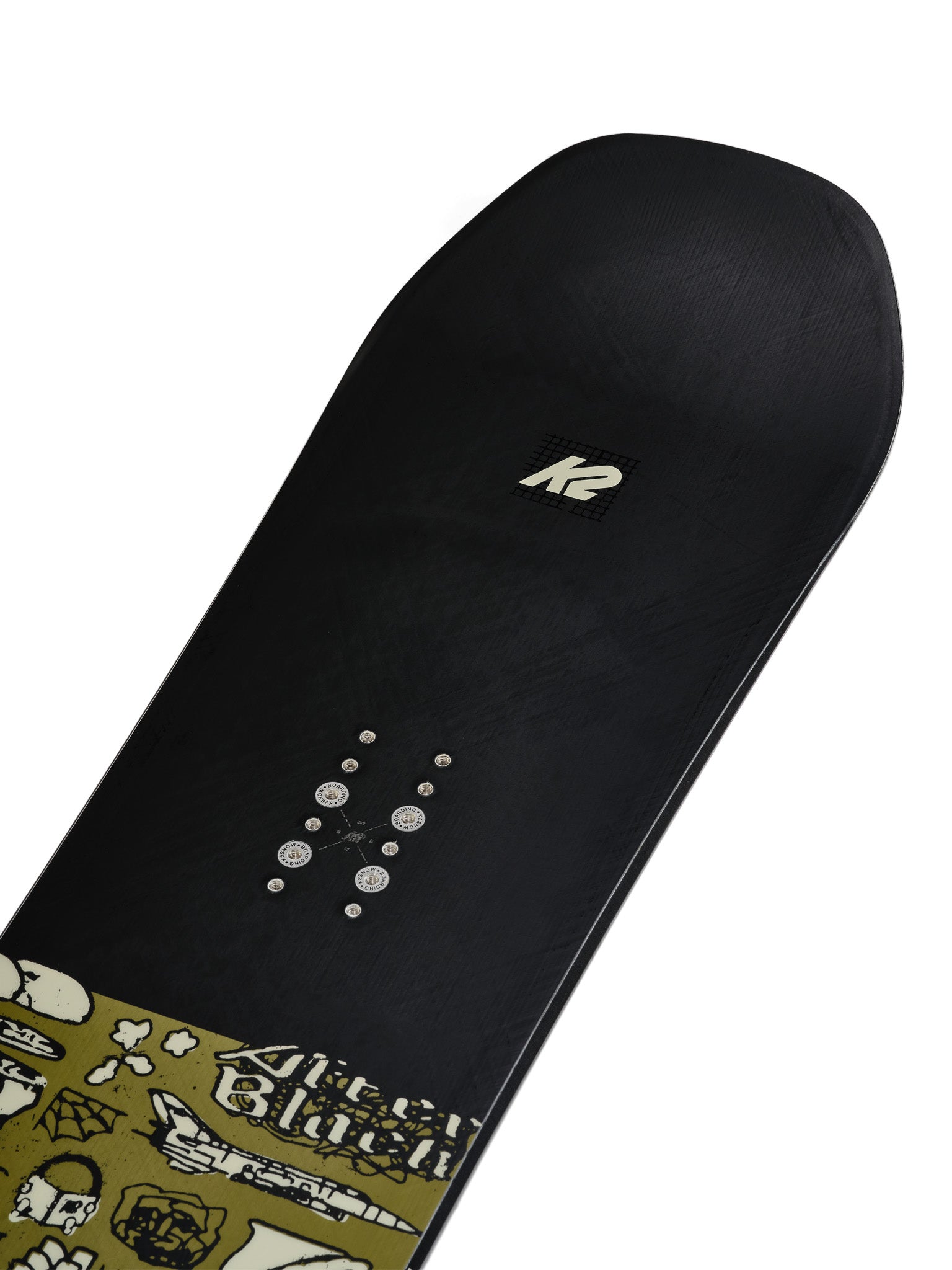 K2 Afterblack snowboard features a black base with colorful graphics and a distinctive design.