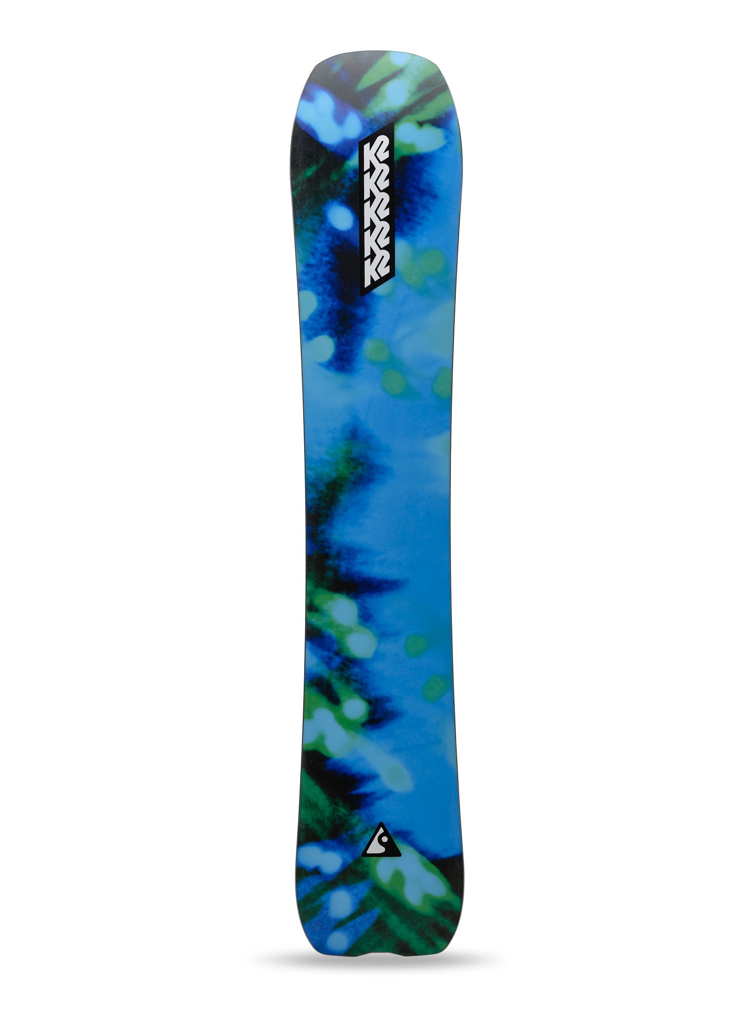 K2 Alchemist snowboard features a vibrant blue and green swirl design.