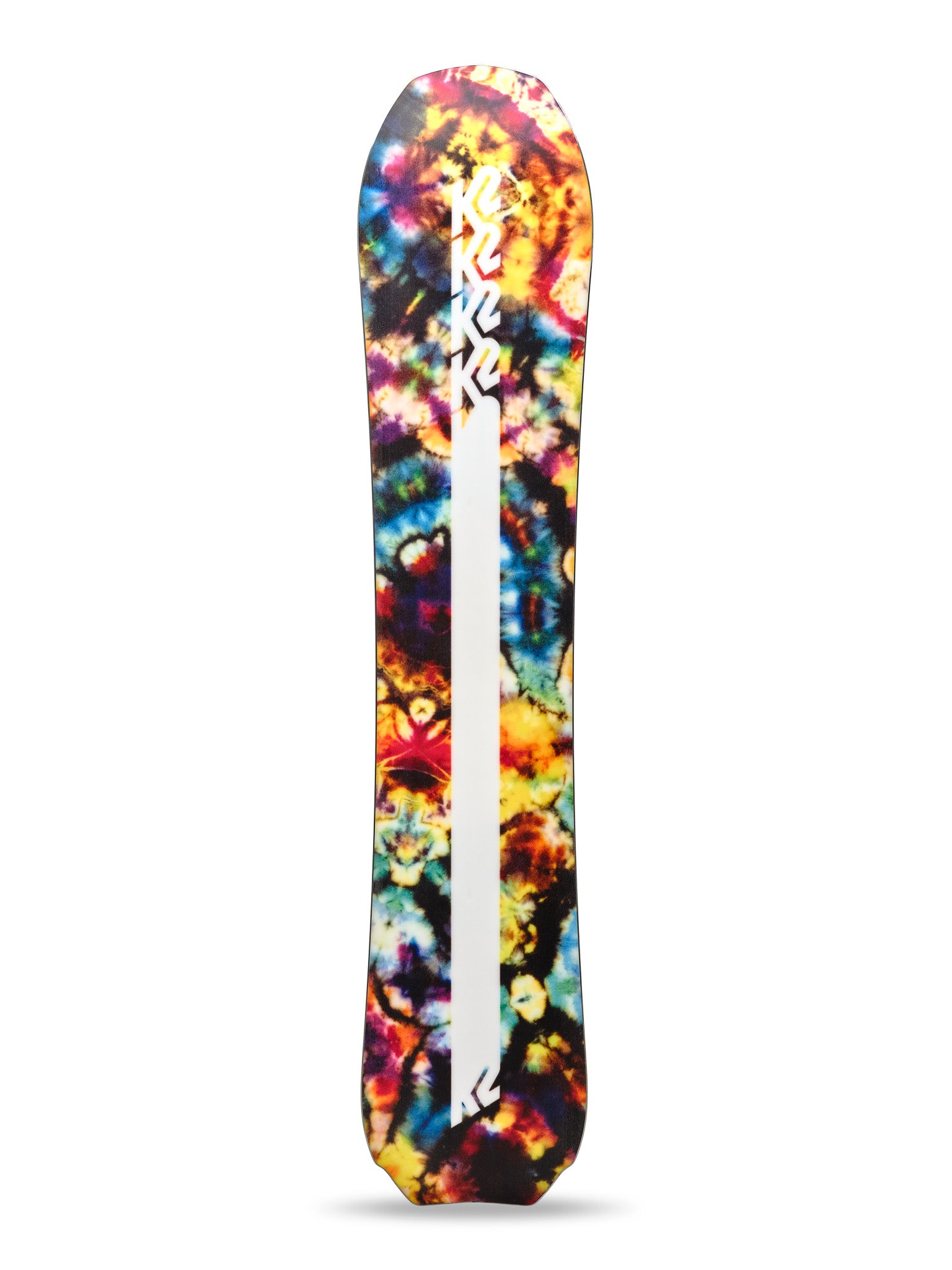 Vibrant, swirling rainbow colors adorn the K2 Almanac snowboard 2025.