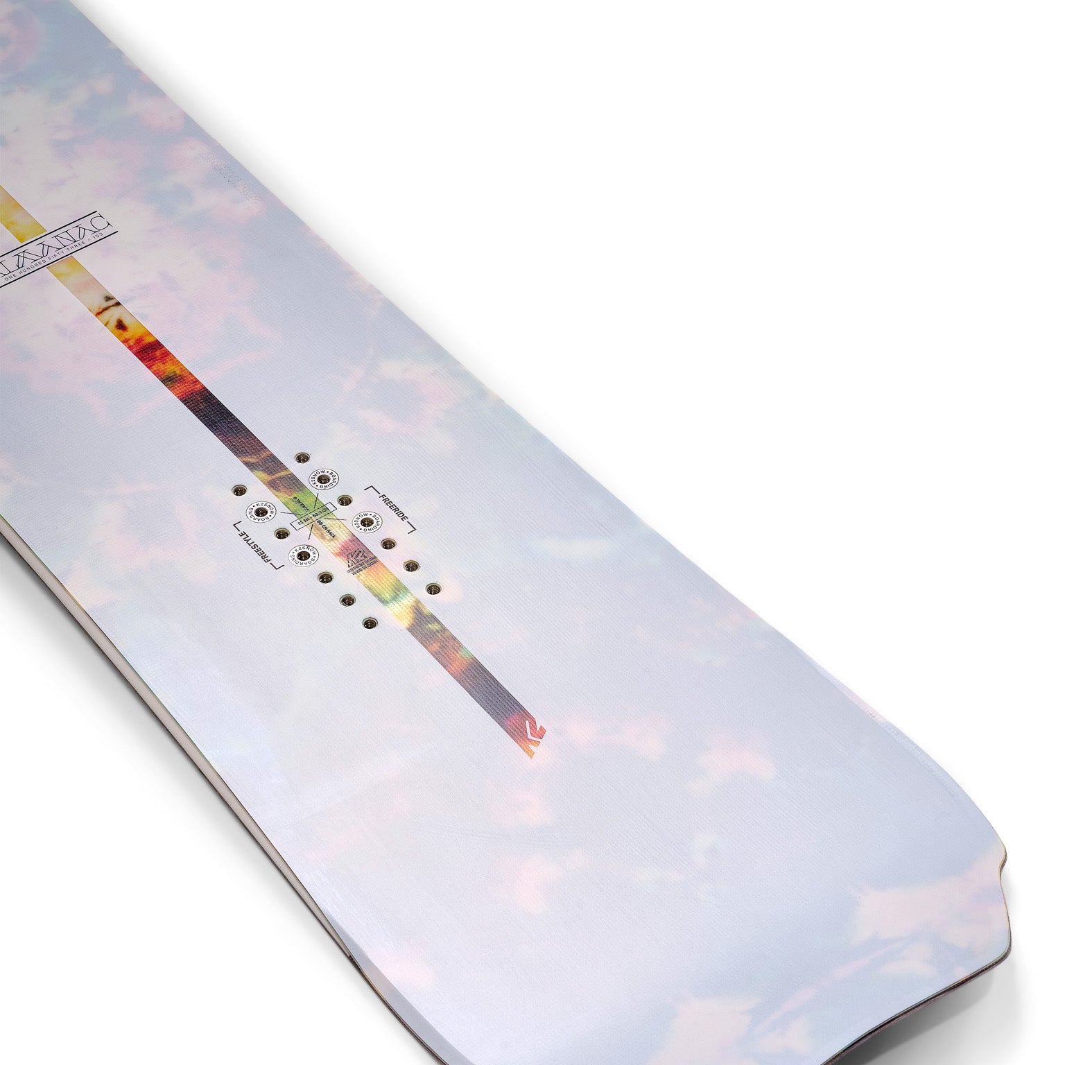 K2 Almanac snowboard features a vibrant, multi-colored graphic on a white base.