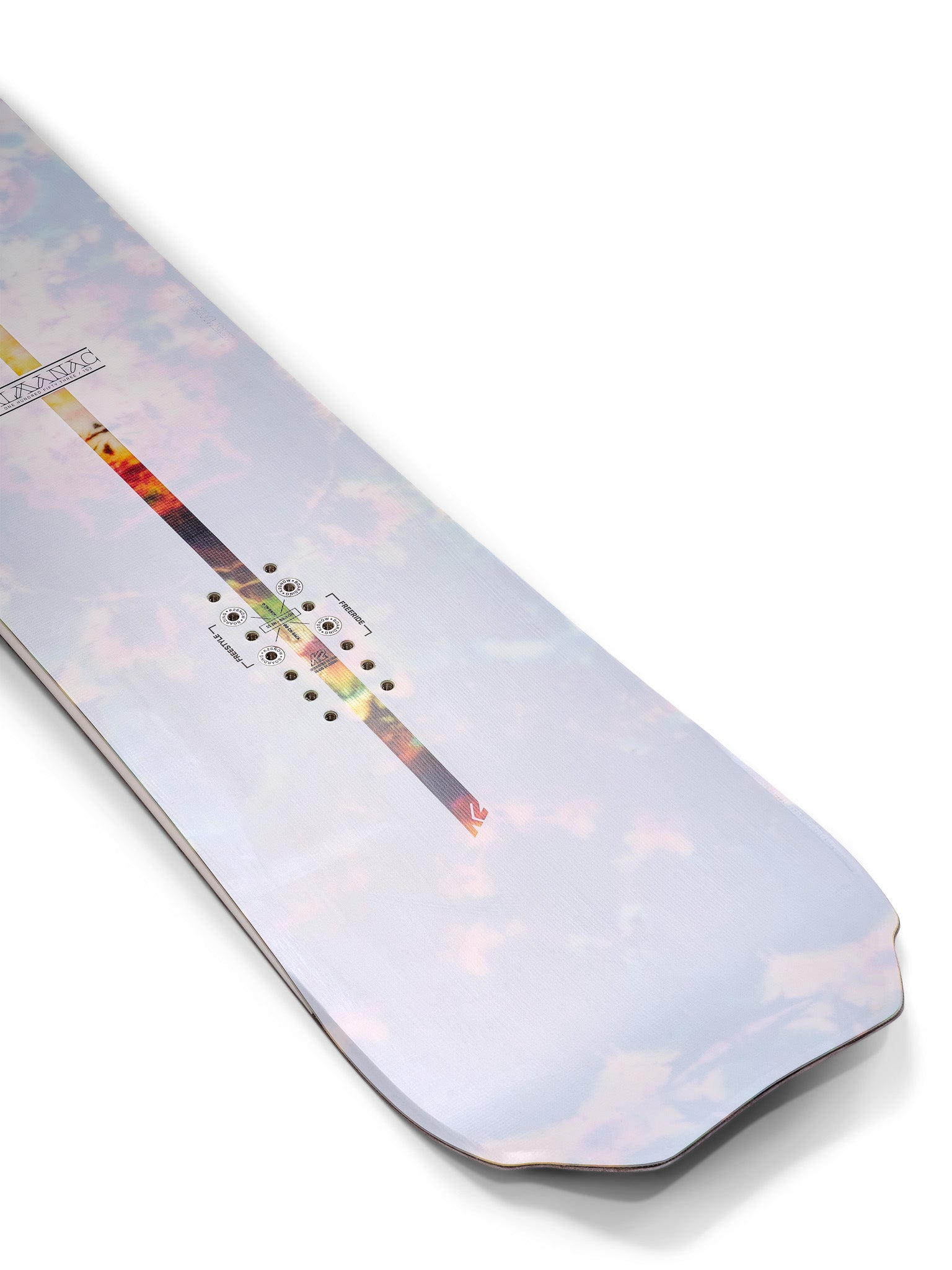 K2 Almanac snowboard features a vibrant, multi-colored graphic on a white base.