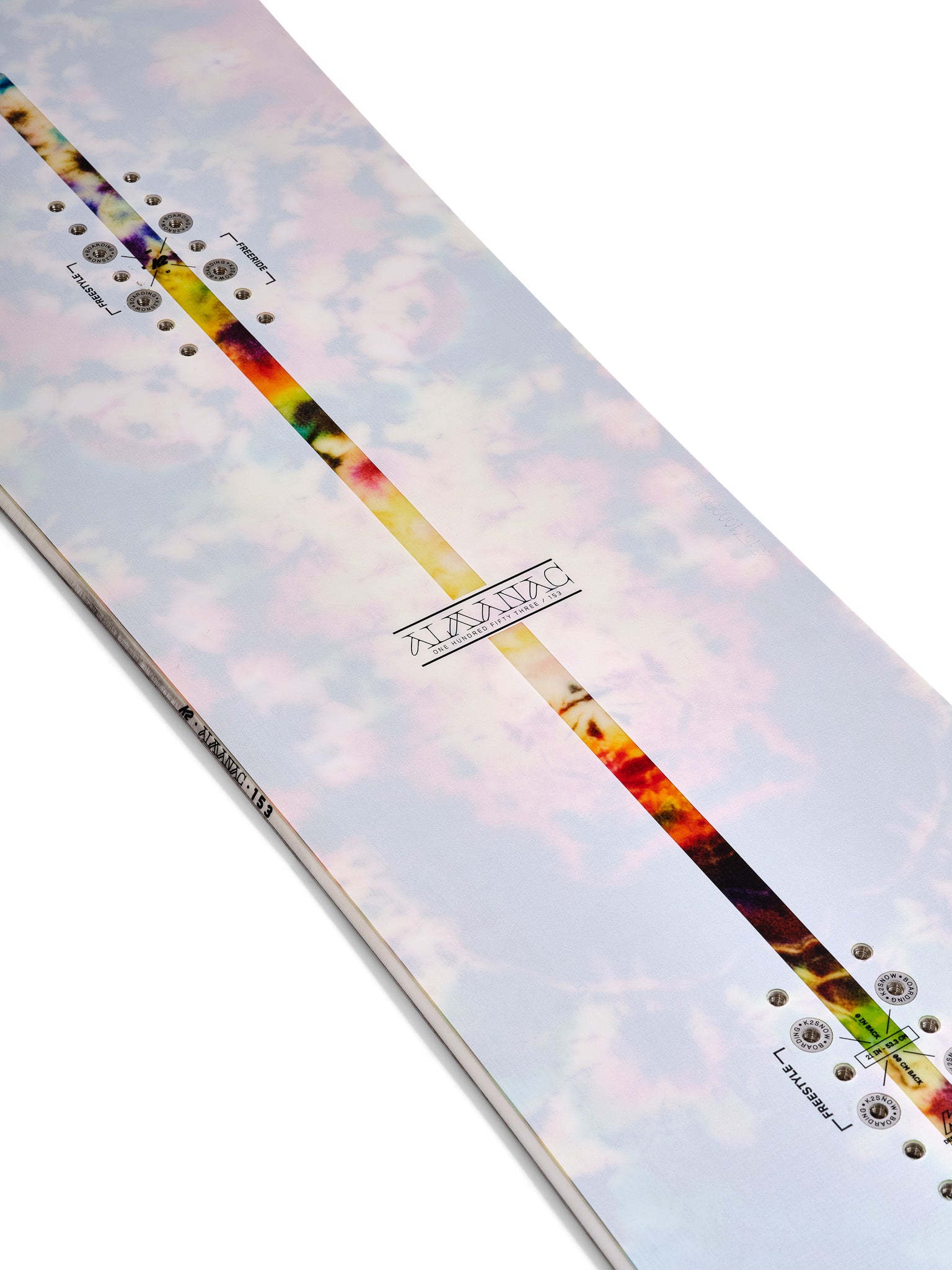 K2 Almanac snowboard features a vibrant, multicolored graphic design.