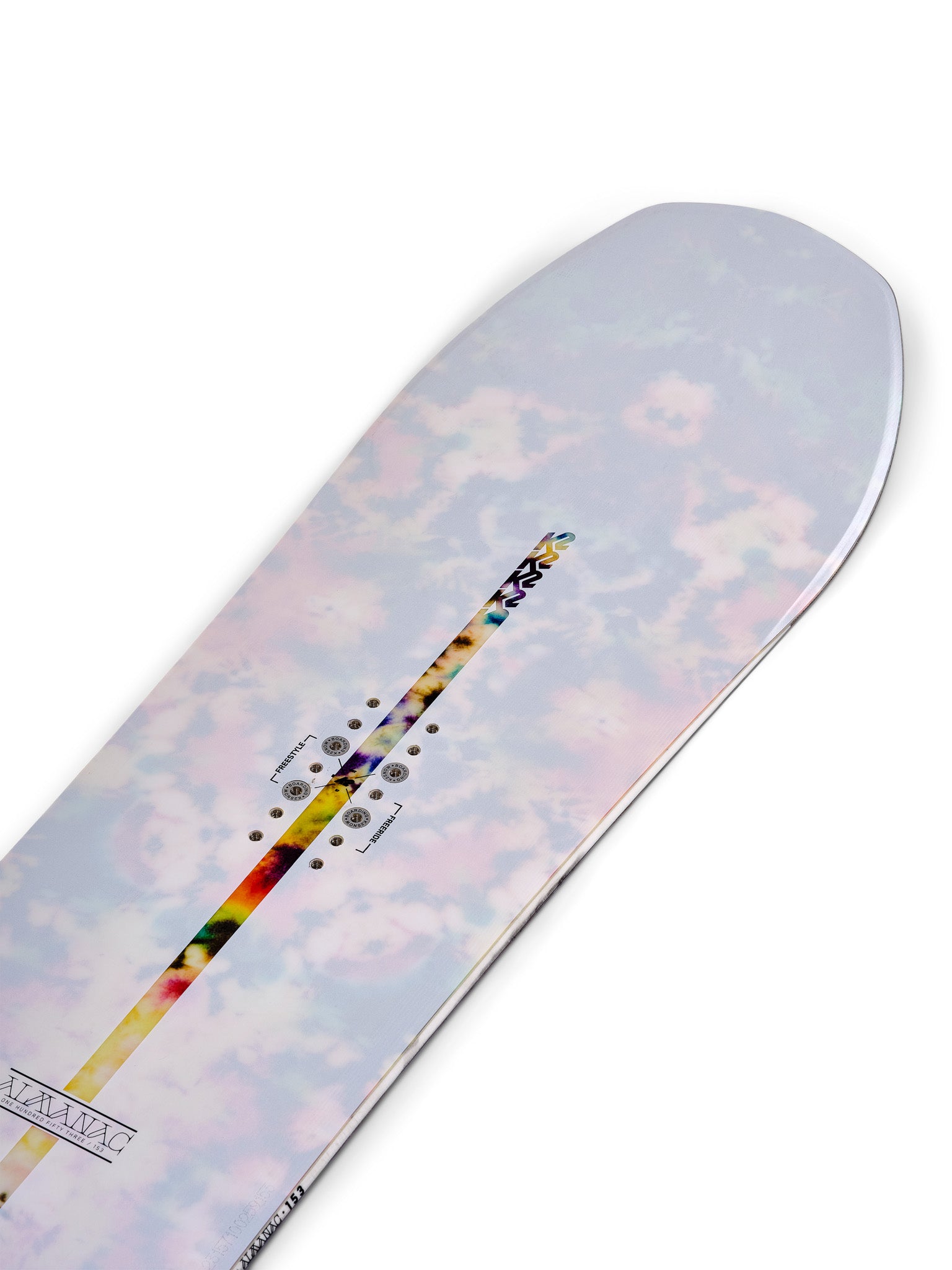 K2 Almanac snowboard 2025 features a vibrant, multicolored graphic on a white base.