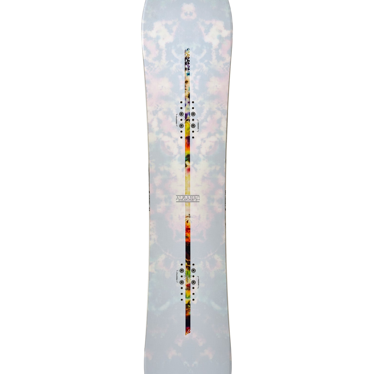 K2 Almanac 2025 snowboard features a white base with colorful graphics and a distinctive edge design.